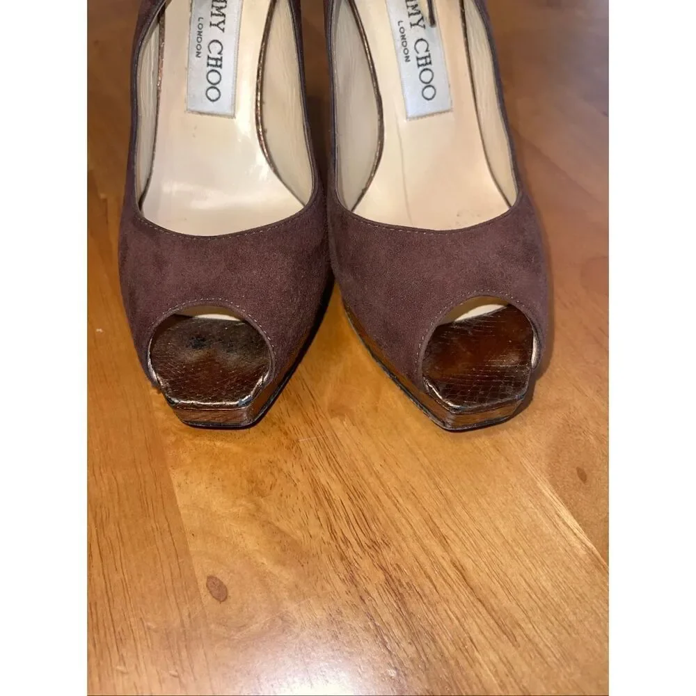 Jimmy‎ Choo Suede Open Toe Pumps Slingback Heels Brown 37.5-7